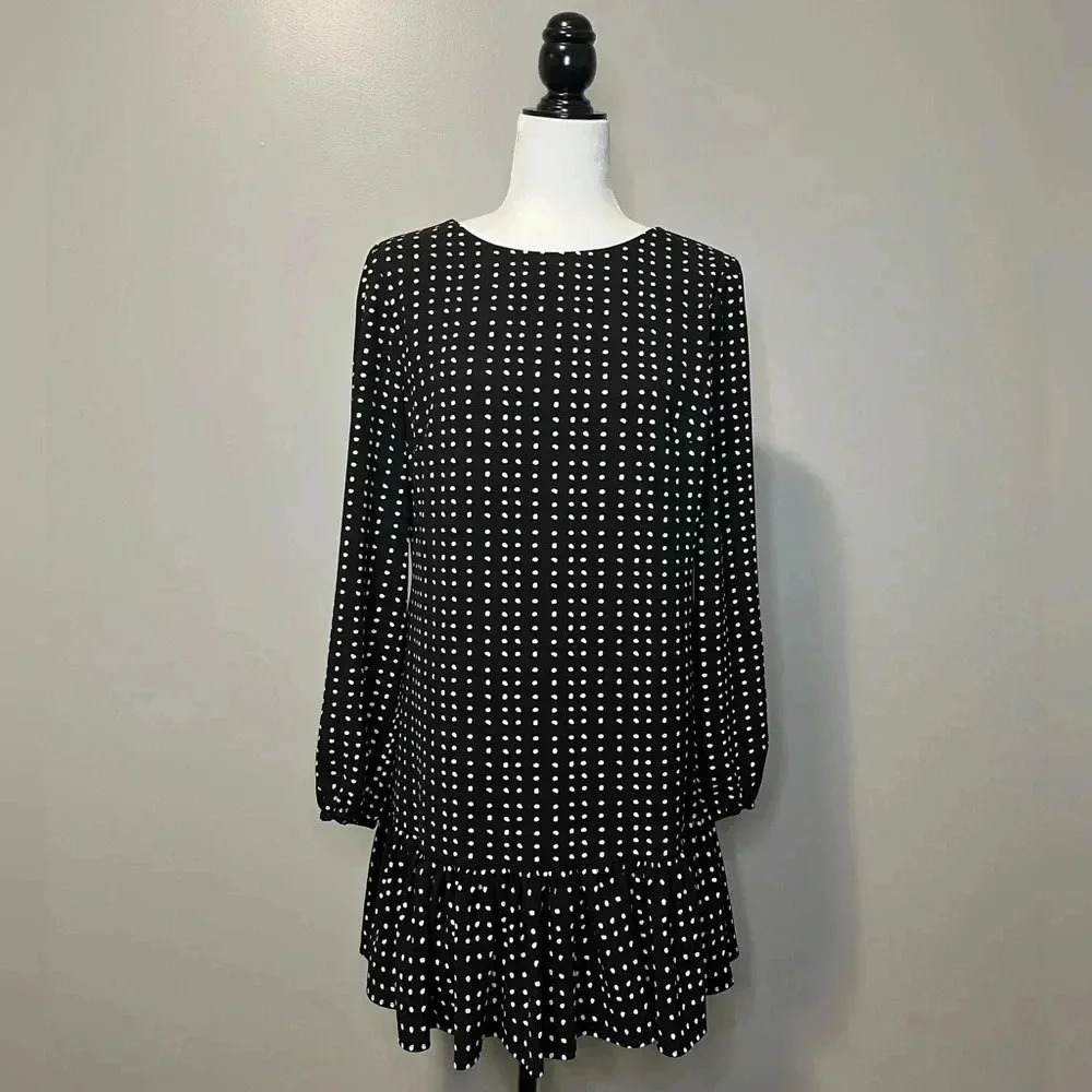 Tahari Long Balloon  Sleeve Ruffled Hem Polkadot Pattern Babydoll Dress